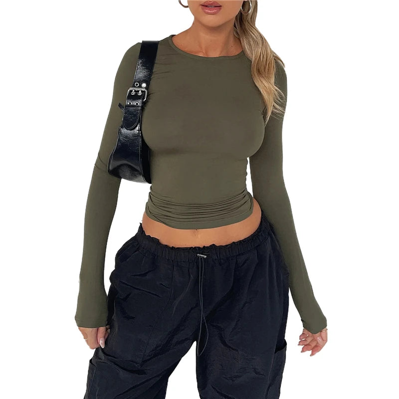 Cropped Tees Y2K Clothes for Women Solid Color O Neck Long Sleeve T Shirt 2000S Crop Tops Casual Streetwear