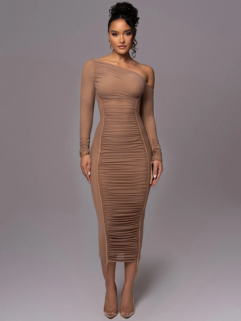 Diagonal Collar Long Sleeve Midi Dress for Women Two Layer Mesh Backless Ruched Bodycon Club Party Sexy Long Dress