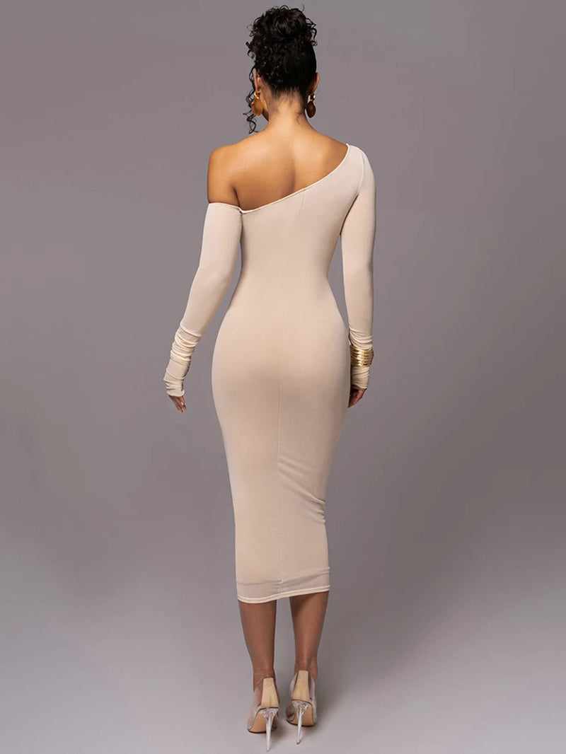 Diagonal Collar Long Sleeve Midi Dress for Women Two Layer Mesh Backless Ruched Bodycon Club Party Sexy Long Dress