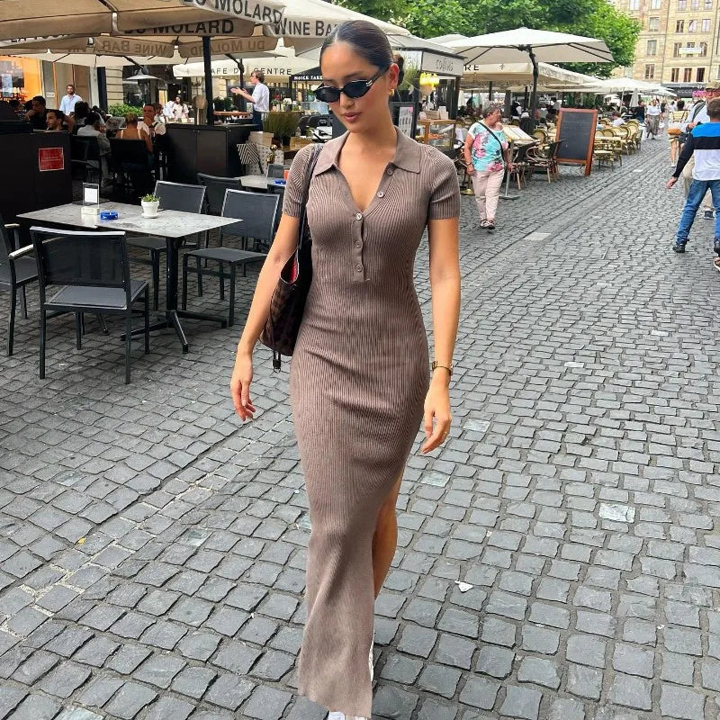 Women Fashion Elegant Casual Knit Slim Long Dress Ladies Solid Color Lapel Button-Up Short Sleeve Casual Dress