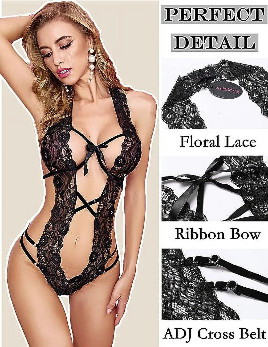 Women Lace Lingerie Deep V Bodysuit One Piece Babydoll Teddy Underwear Black